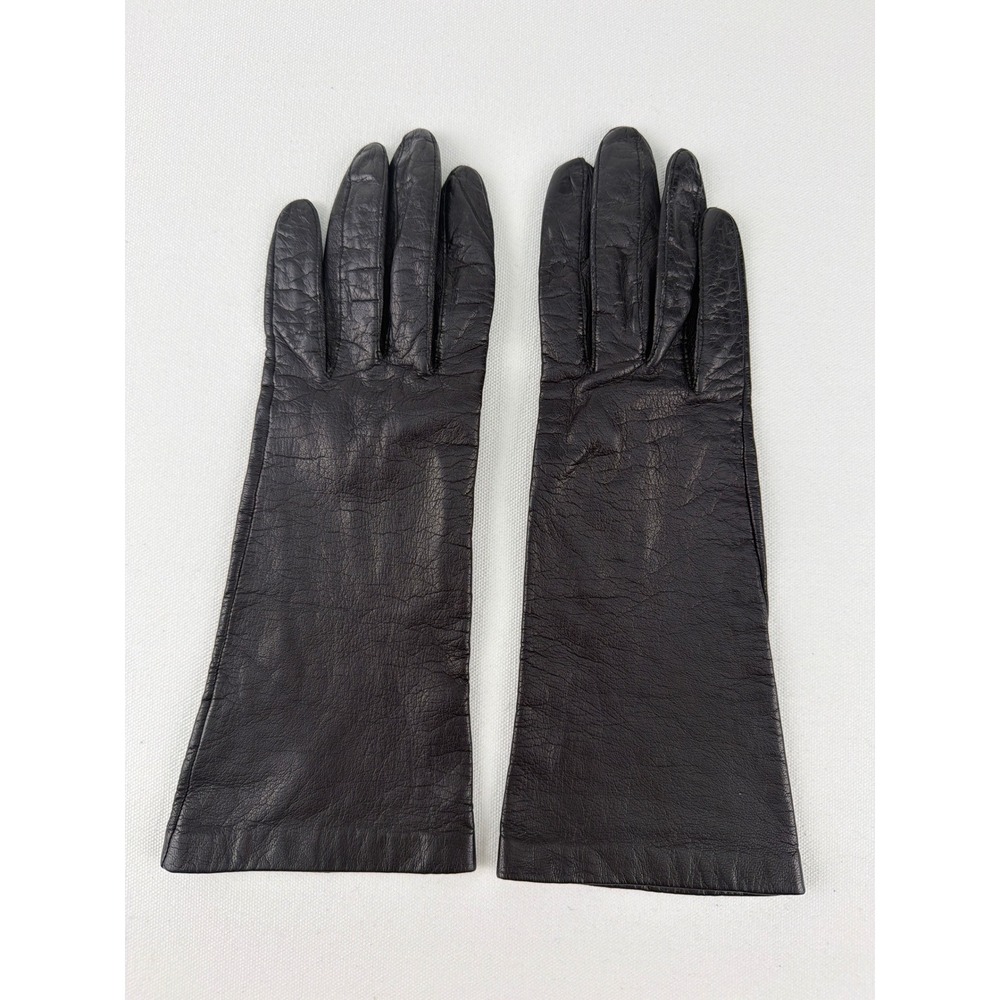 Vintage French Leather Silk Lined Gloves Womens 6.5 Black Mid Length Elegant